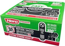90 x Hero Scented Heavy Duty Bin Bags 100L Strong Refuse Sacks Extra Large Black