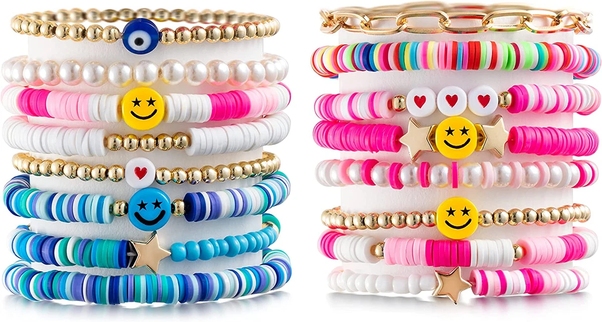 Heishi Surfer Bracelets Set Colorful Preppy Happy Smile Evil - Temu