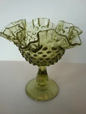 Vintage Fenton Green Hobnail Double Crimped/Ruffled Compote/Candy Dish