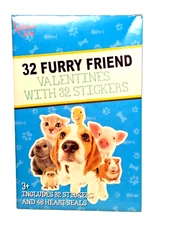 32 Furry Friends Valentines With 32 Stickers And 48 Hearts Seals ~ Ages 3+
