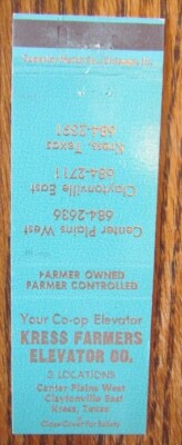 KRESS TEXAS MATCHCOVER KRESS FARMERS ELEVATOR CO. EMPTY 1960s MATCHBOOK COVER -E