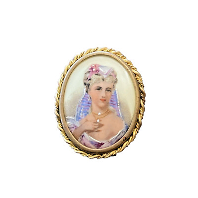Antike Porzellan Brosche LIMOGES - Portrait Miniatur Romantik - vergoldet