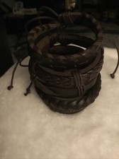5 Pc Set Faux Leather Bracelets. All Adjustable. Brown.