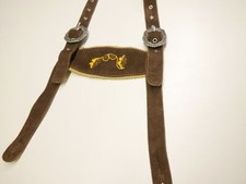 Spodnie skórzane szelki uprząż brązowe zamsz żółty haft długość: 116 cm