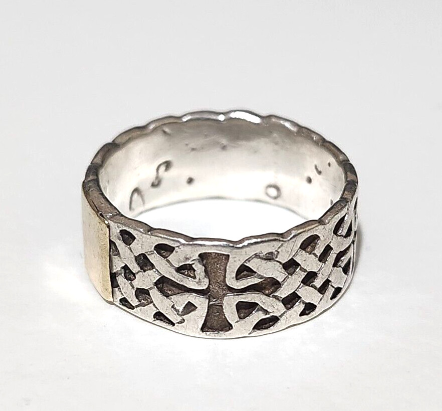 Celtic pattern silver ring with gold leaf  Size 8… - image 2