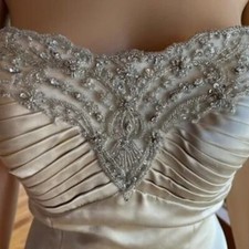 *Gold Satin Beaded Lace Empire Waist Strapless Bridal Gown Wedding Dress Size 8