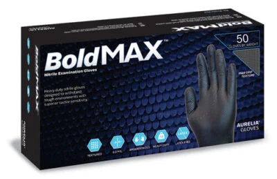 AURELIA 6ML SUPER THICK TEXTURED Bold-MAX Black Nitrile Gloves PowderFree 50,100,200,200