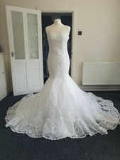 UK Ivory Lace Sleeveless Mermaid Sheer Back  Wedding Dresses Size 10 Real Image 