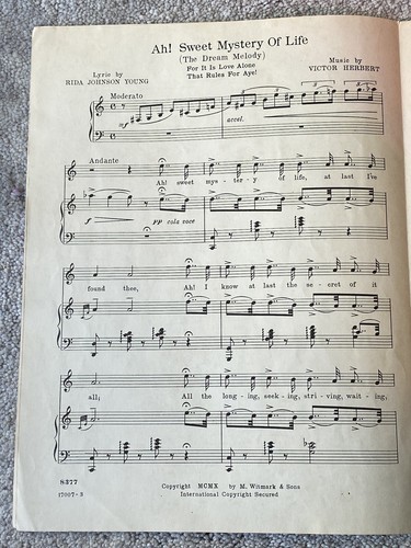 1910 AH! SWEET MYSTERY OF LIFE Sheet Music NAUGHTY MARIETTA Victor Herbert Key C - Picture 3 of 4