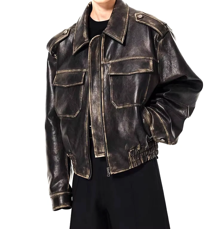 Rugged Distressed Leather Jacket for Men vintage Black oversized Fit Customized