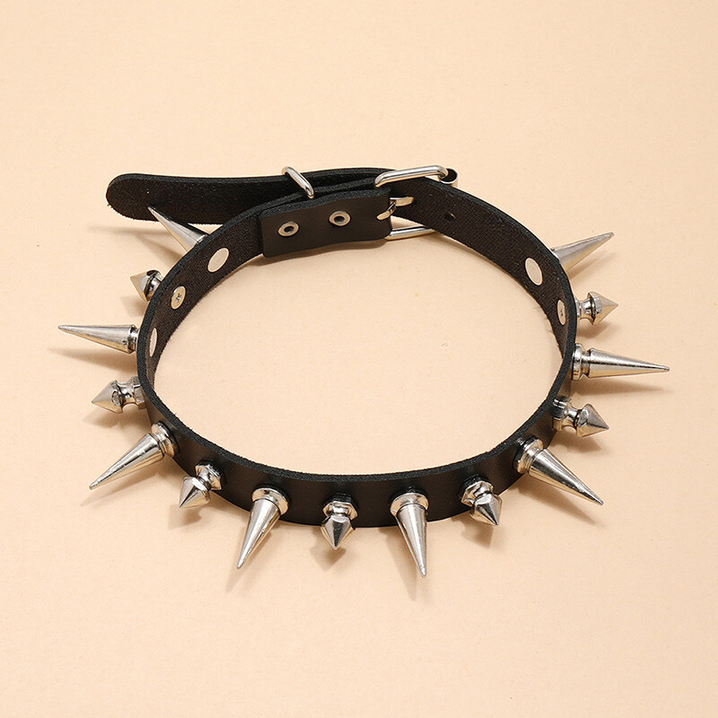 Long Spike Choker Punk Faux Leather Collar Goth Style