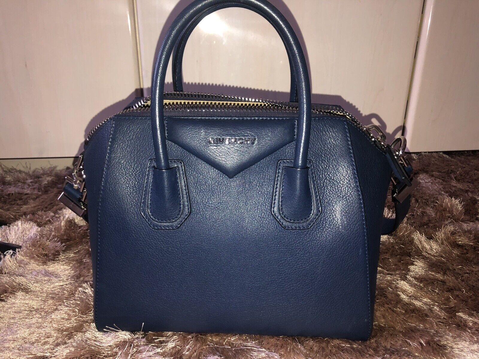 Givenchy Small Antigona Goatskin Sugar Leather Blue Bag