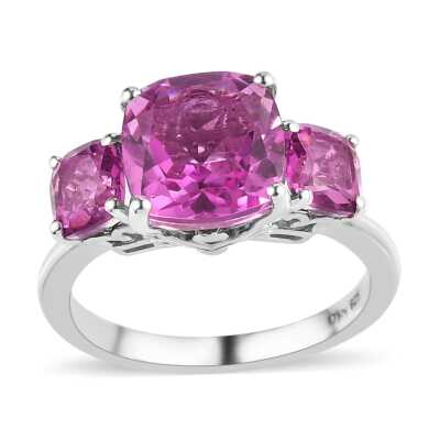 BEAUTIFUL!! 4.25ctw Lilac Quartz (Triplet) 3 Stone Ring Platinum Plated Size 6