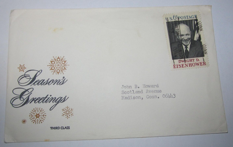 Postmark Clinton, CT Envelope 6 cent Stamp Christmas Dwight D. Eisenhower