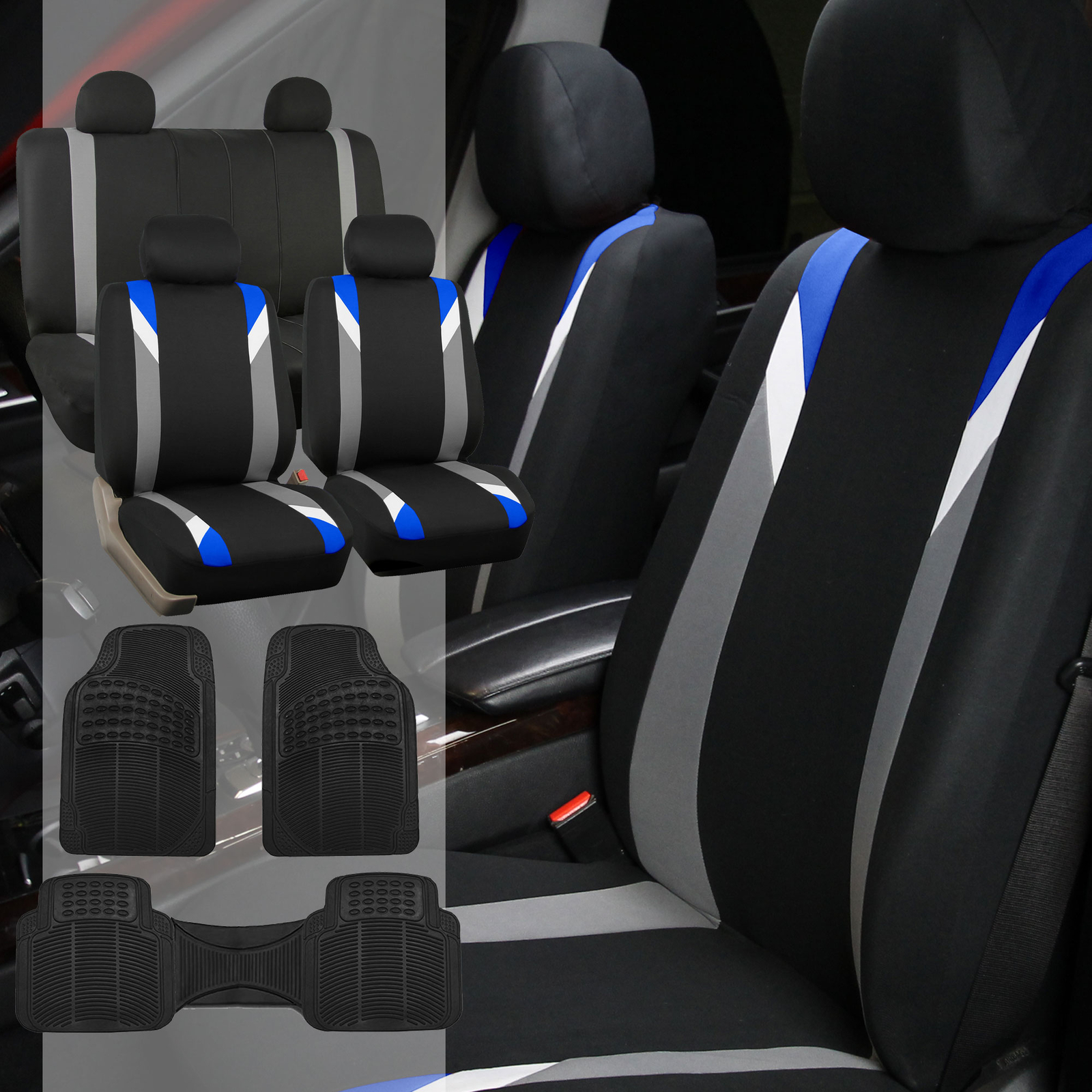 Seat Covers For Auto Car Blue W/ Rubber Floor Mats