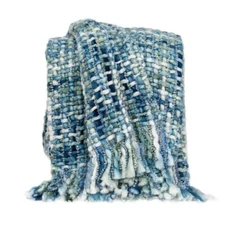 52 X 67 Blue and Green Woven Cotton Blend Throw Blanket with Tassels