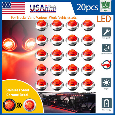 20pcs 3/4'' red Side Marker Light with Chrome Bezel Grommet for Truck Trailer New