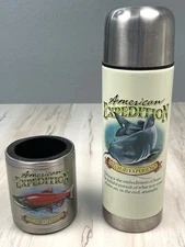 Lot 2 American Expedition Fishing Alumninum Salmon KOOZIE & Catfish VACUUM FLASK