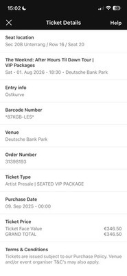 The Weeknd Til Dawn Tour VIP 2 Tickets 01.08.2026 Deutsche Bank Park