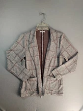 Maurices Womens Blazer Large Gray Plaid Open Front Long Sleeve Knit Workwear