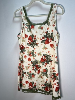 Cider NWT Strawberry Print Lace Trim Mini Dress Women s L Cottagecore Coquette