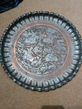 Antique Persian Tinned Copper Charger With Hunting Scene