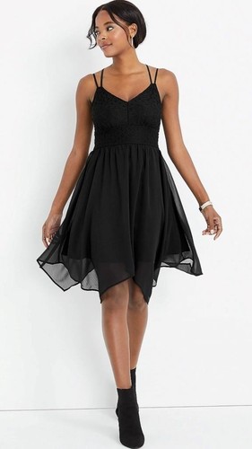 MAURICES Sexy Black Chiffon & Crochet Lace Strappy Dress L M? Fit & Flare Flowy - Picture 2 of 7