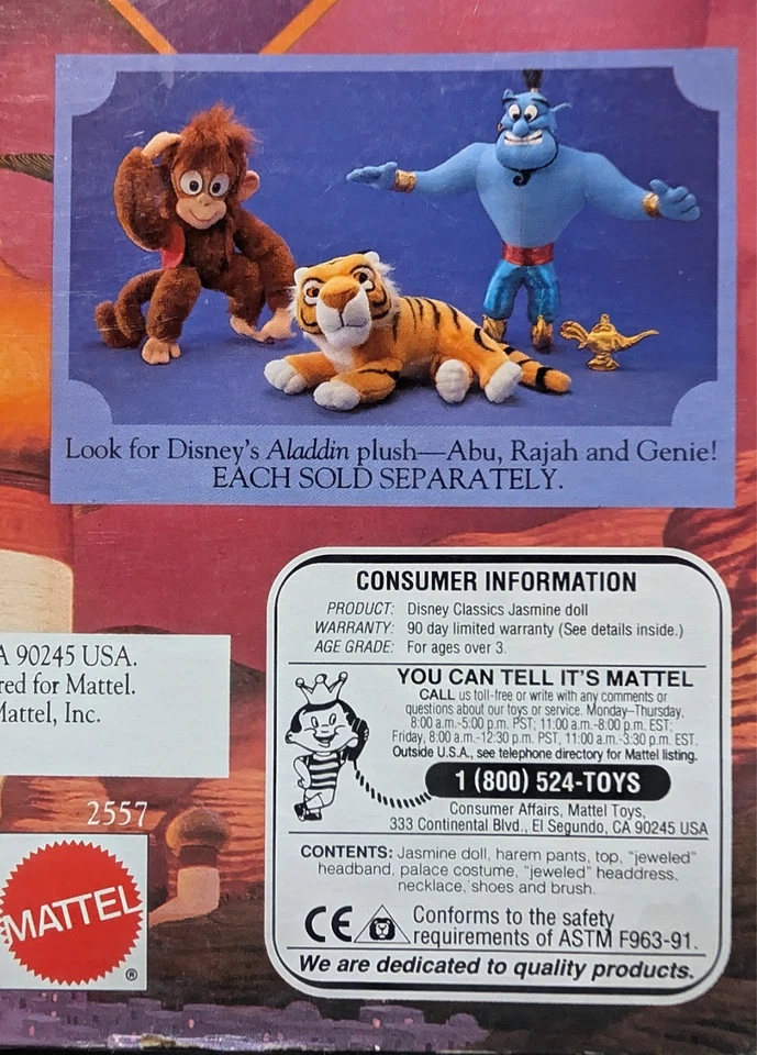 Muñeca Jazmín Clásicos Disney 1992 Vintage #2557 Mattel Inc Foto 3 de 3