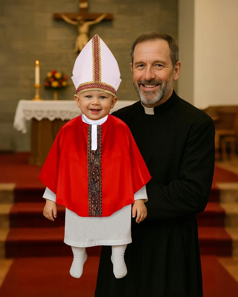 Conjunto de 3 piezas de disfraz de Papa tamaño pinta de Halloween infantil pequeño obispo blanco... Foto 2 de 4