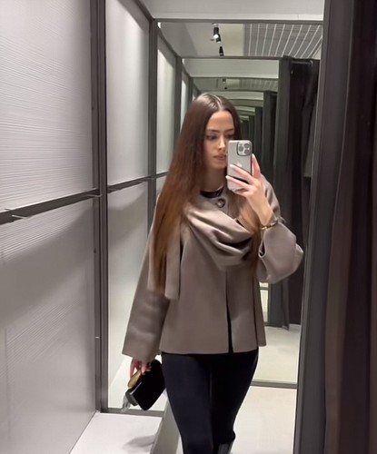 ZARA NWT $119 WOMAN SS25 SHORT KNIT SCARF COAT BROWN / TAUPE 2756/002 SIXE L-XL - Picture 7 of 16
