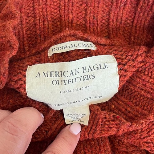 American Eagle Donegal Cable Knit Mens Sweater Size L Orange Wool Fisherman - Picture 7 of 9