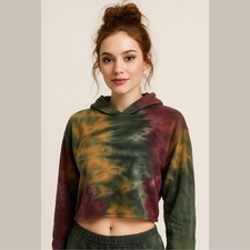 525 Revolve Amber Multi Tie Dye Crop Long Sleeve Pullover Hoodie XS
