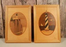 Hudson River Inlay Wood Marquetry Lighthouses signed by Jeff Nelson(2)