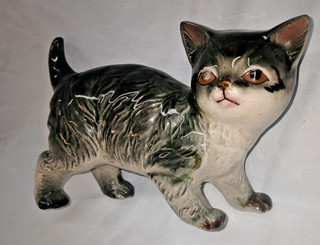 Vintage Tiger Cat Kitten Black Gray White Ceramic Figurine Japan 7"