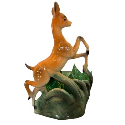 Vintage Ceramic MCM Deer Planter Fawn Doe Leaping Figurine White Spots READ