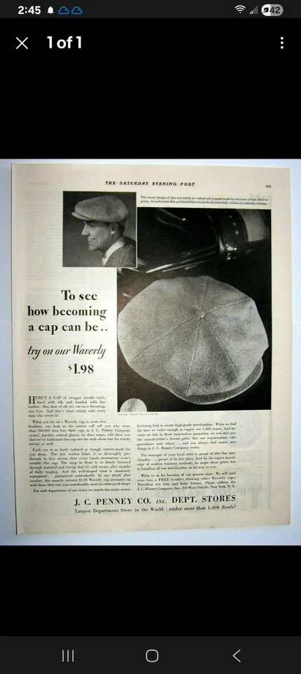 Gorras Waverly J.C. Penney vintage de 1930 talla 7 para hombre tweed gorra de noticiero espiga Foto 3 de 4