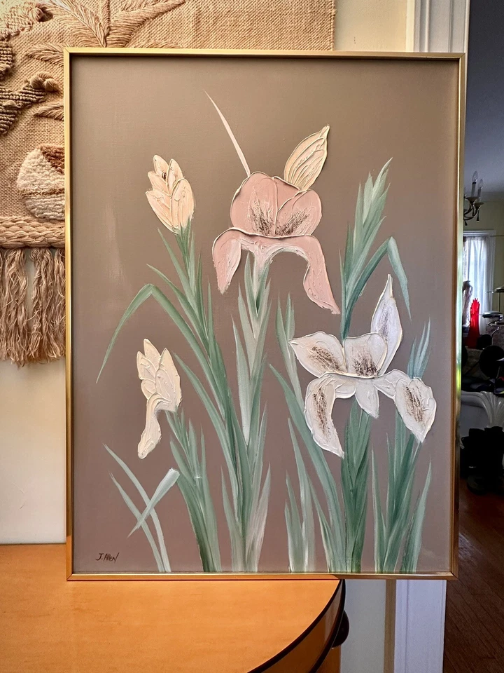 Pintura al óleo floral sobre lienzo firmada por J. Allen 40,5” 30,5” mediados de siglo vintage Foto 2 de 4