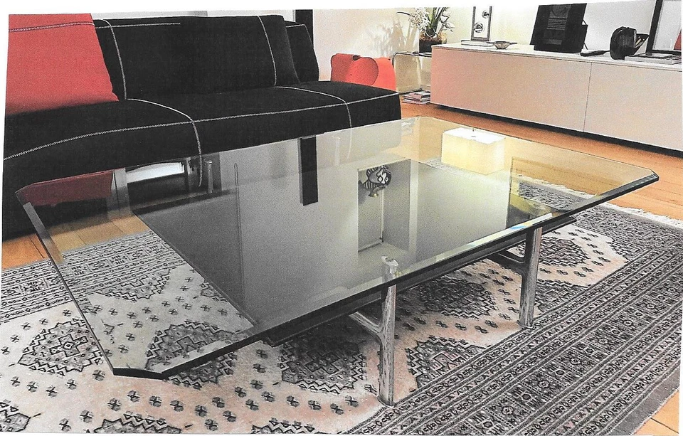 table basse de salon DIESIS B§B à 2 niveaux verre transparrent et cuir noir - Photo 2/4
