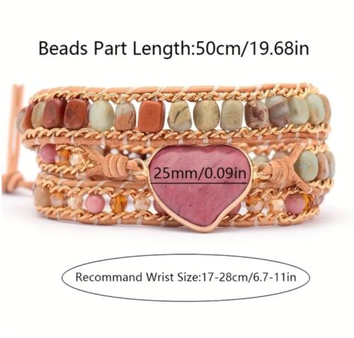 Leather Wrap Bracelet Boho PINK RHODONITE HEART AND AGATE 3 Strands 111 - Picture 3 of 3