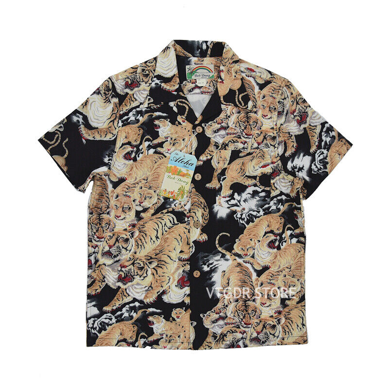 BOB DONG One Hundred Tigers Hawaiian Shirts Men Tropical Aloha Short Sleeve