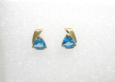 14k Yellow Gold, Trillion cut Blue Topaz, Diamonds, Stud Earrings