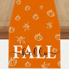 Linen Orange Fall Table Runner 72 Inches Long Fall Leaves Pumpkin Home Kitche...