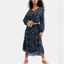 Free People Floral Midi Dress Blue Size XSmall White Rear Key Hole Womens