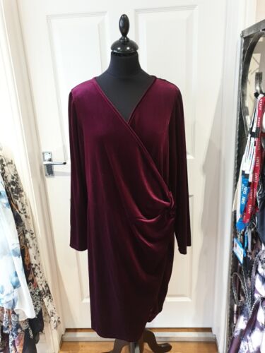 GEORGE Velvet Dress NWT Burgandy Wine Red Plum Wrap Look Knee Length UK Size 20 - Picture 1 of 8