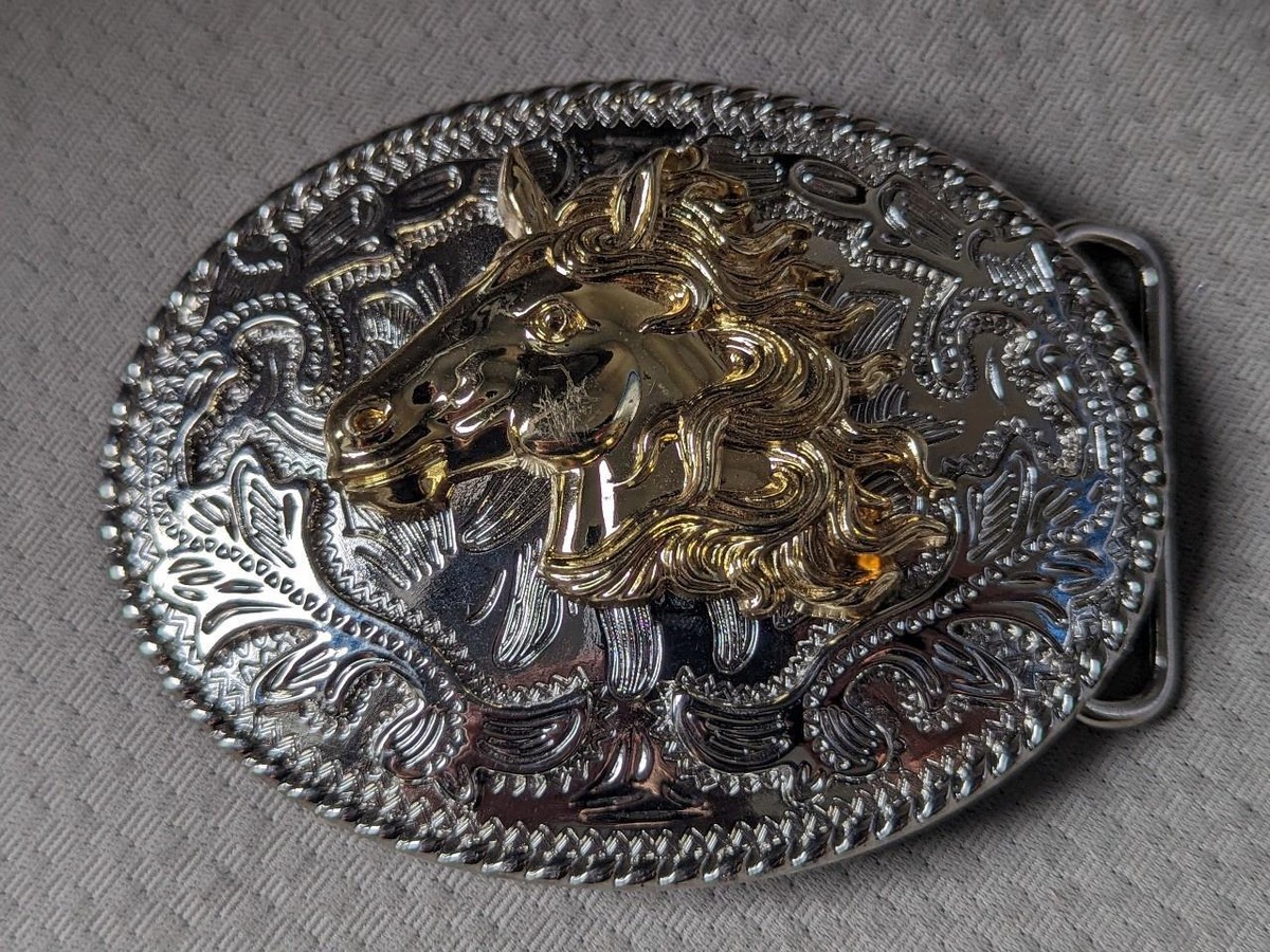 vintage EQUESTRIAN belt buckle HORSE chrome STALLION mustang 