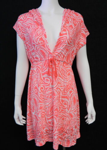 Dotti Large Pink/Coral & White Print Hooded Plunge Neck Swimsuit Cover-Up NWT L - Picture 2 of 10