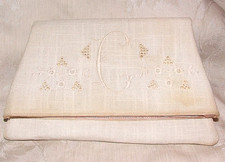 1950s VINTAGE Linen EMBROIDERED C Fold Over CLUTCH BAG Handbag Purse Pink Lining