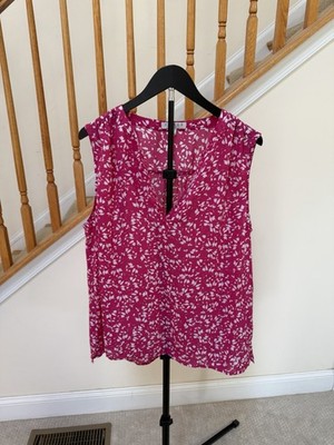 CHAUS New York Women XL Pink/White Floral Polyester V-Neck Blouse