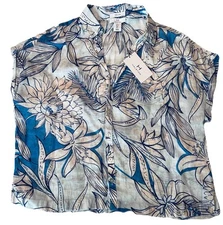 NWT HALSTON Blouse Button UP Womens Large Floral Cap Sleeve Linen