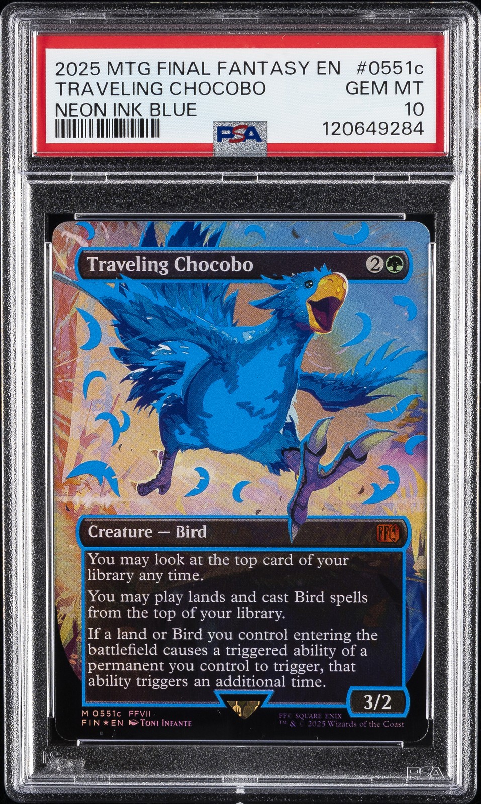 2025 MTG FINAL FANTASY COLORFUL CHOCOBOS-NEON INK BLUE TRAVELING CHOCOBO PSA 10